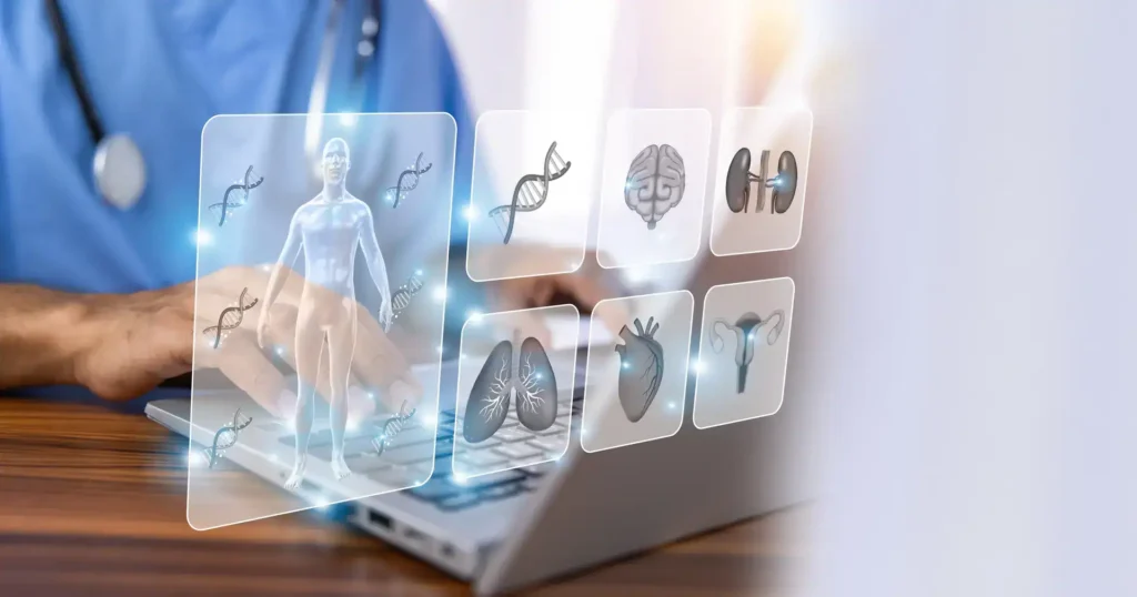 Futuristic medical technology with human body and DNA icons on a transparent screen.