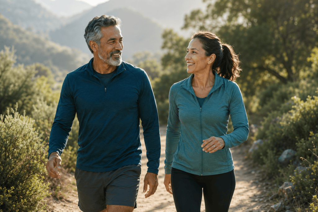 Older man and woman walking outdoors in nature, smiling and enjoying exercise.